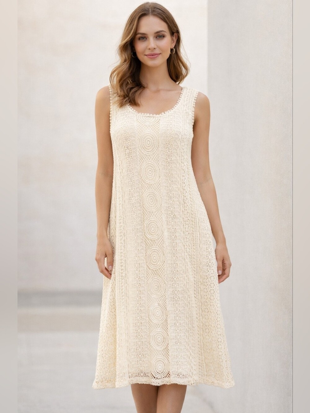Solitaire 100% Cotton Cream Crochet/ Lace Midi Dress Lined Sleeveless 1X NWT